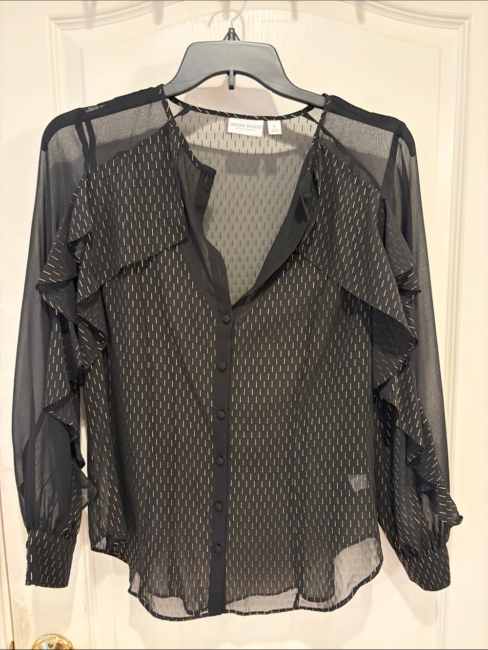 Bisou Bisou Black Sheer Gold-Accent Ruffle Button Front Blouse
